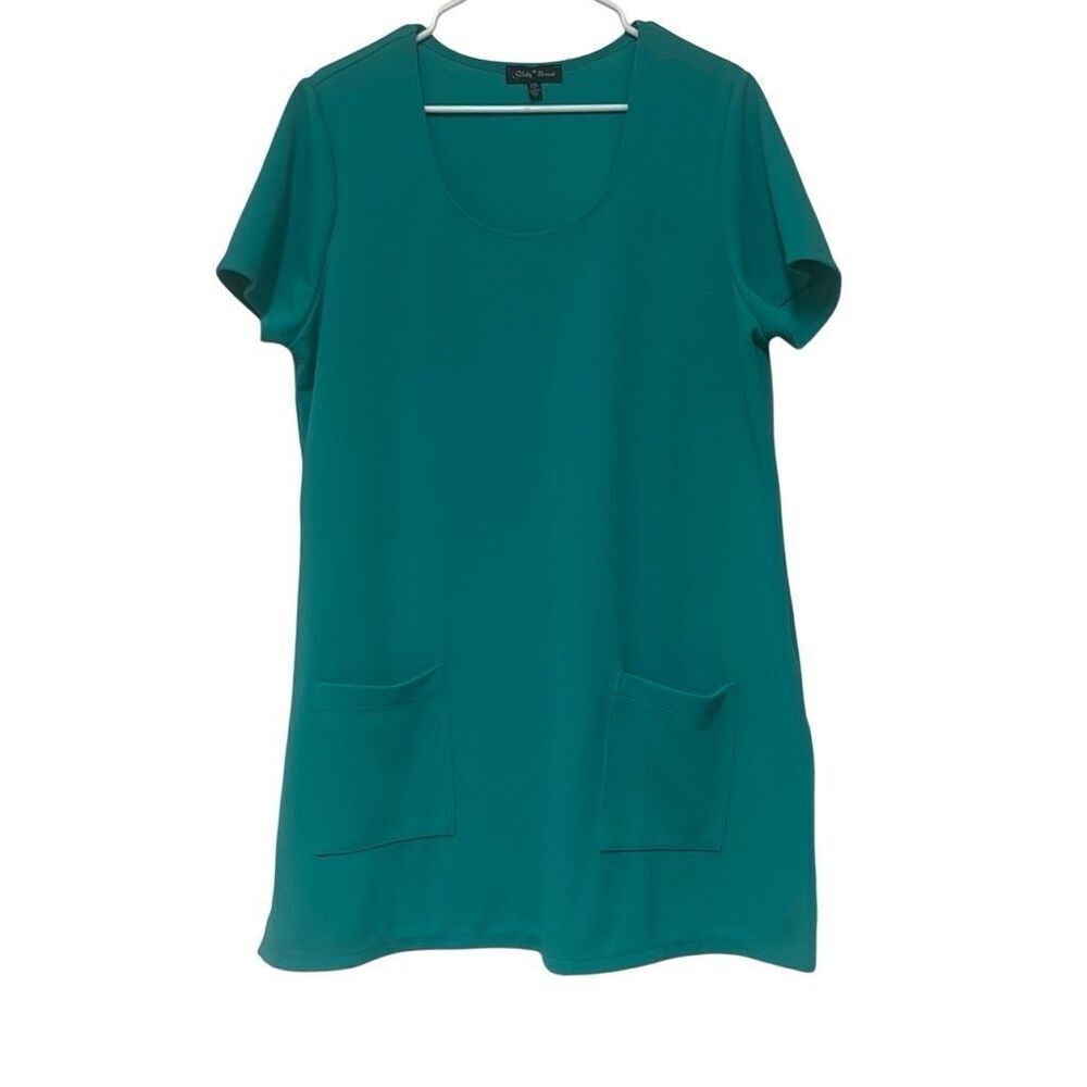 Slinky Brand 1X Green Shift Mini Dress Pockets Side Slits Textured Stretch‎ Work